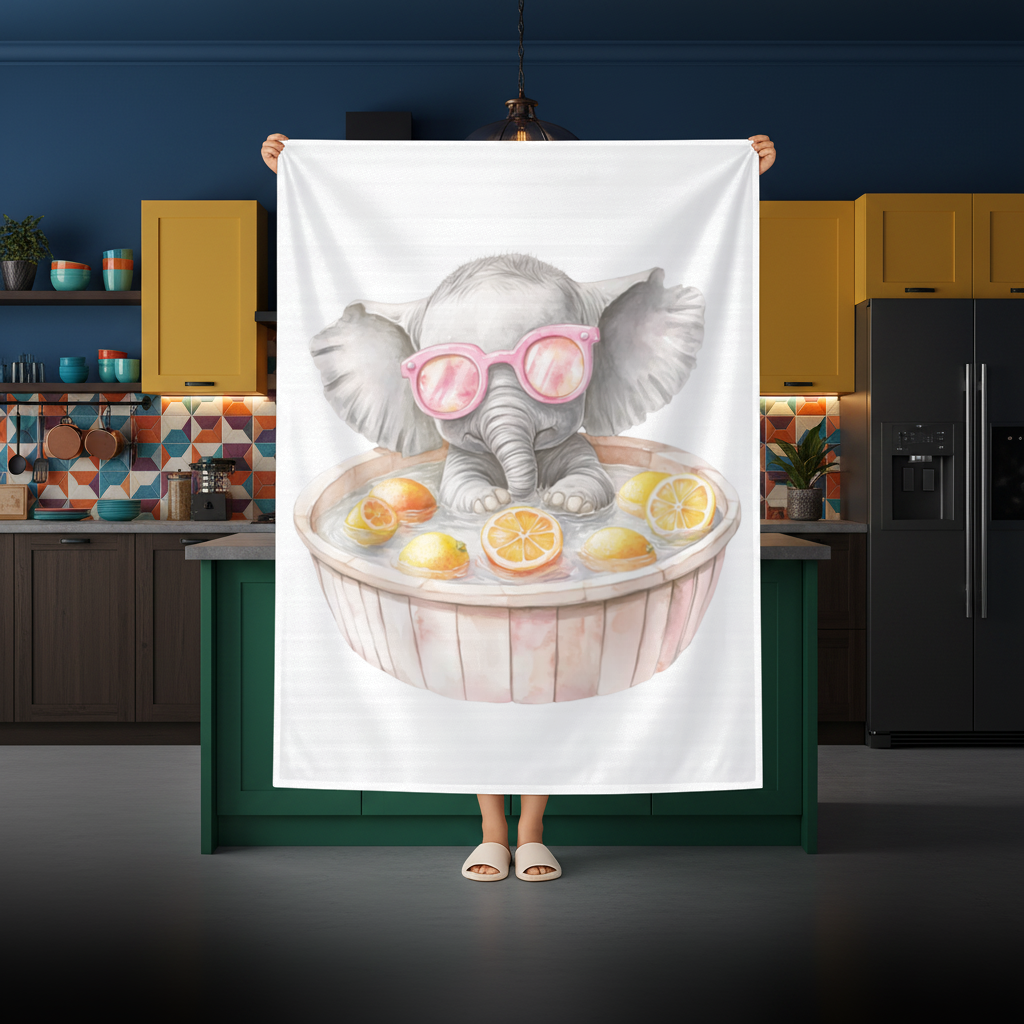 Pembe Gözlüklü Bebek Fil ve Narenciye Banyosu Masa Örtüsü