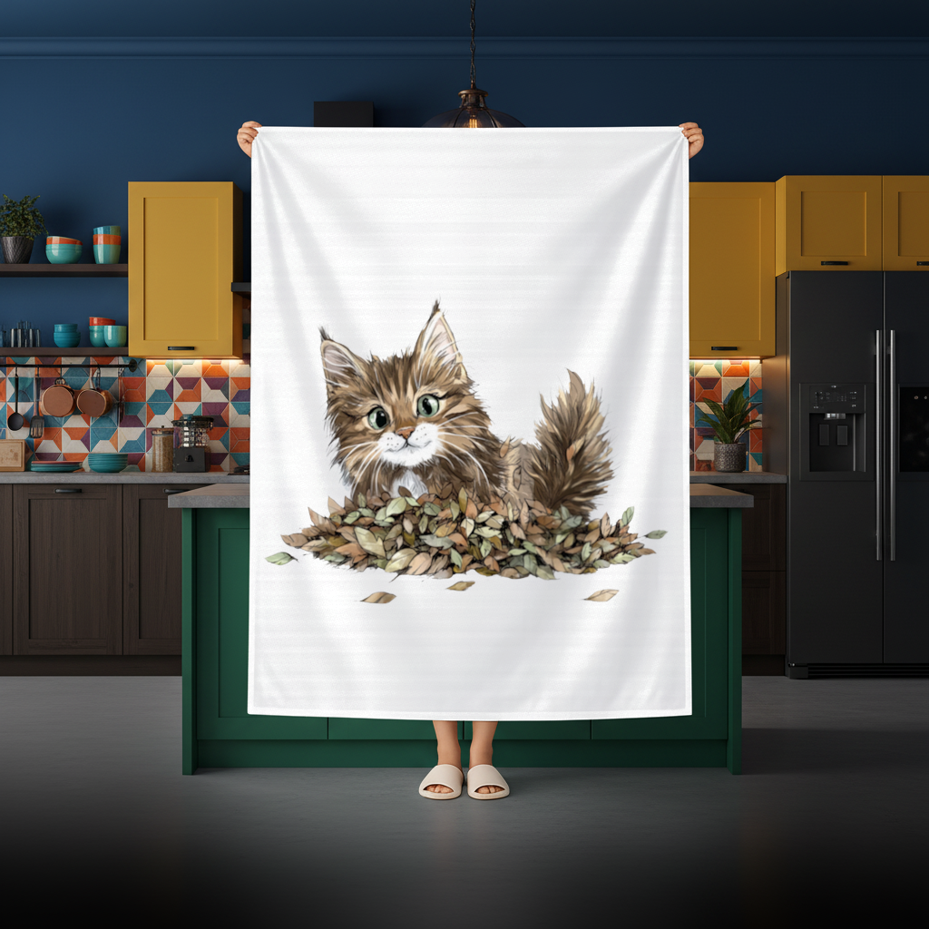 Cute Fluffy Kitten in Autumn Leaves Rectangular Tablecloth