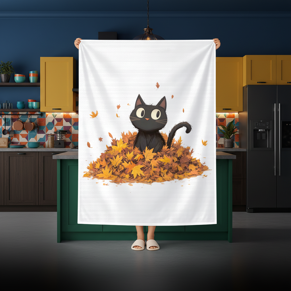 Cute Black Cat in Autumn Leaves Rectangular Tablecloth