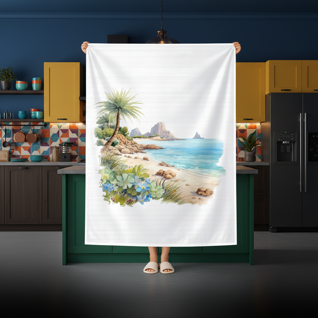 Tropical Palm Tree and Turquoise Sea Rectangular Tablecloth
