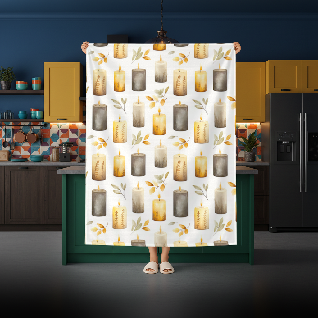 Warm Neutral Autumn Candles and Leaves Rectangular Tablecloth
