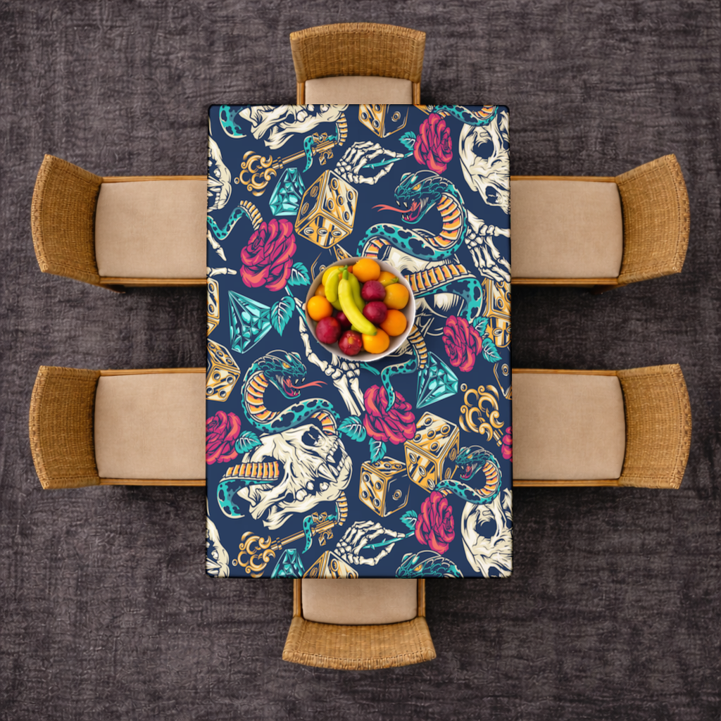 Skull Snake Dice and Roses Pattern Rectangular Tablecloth
