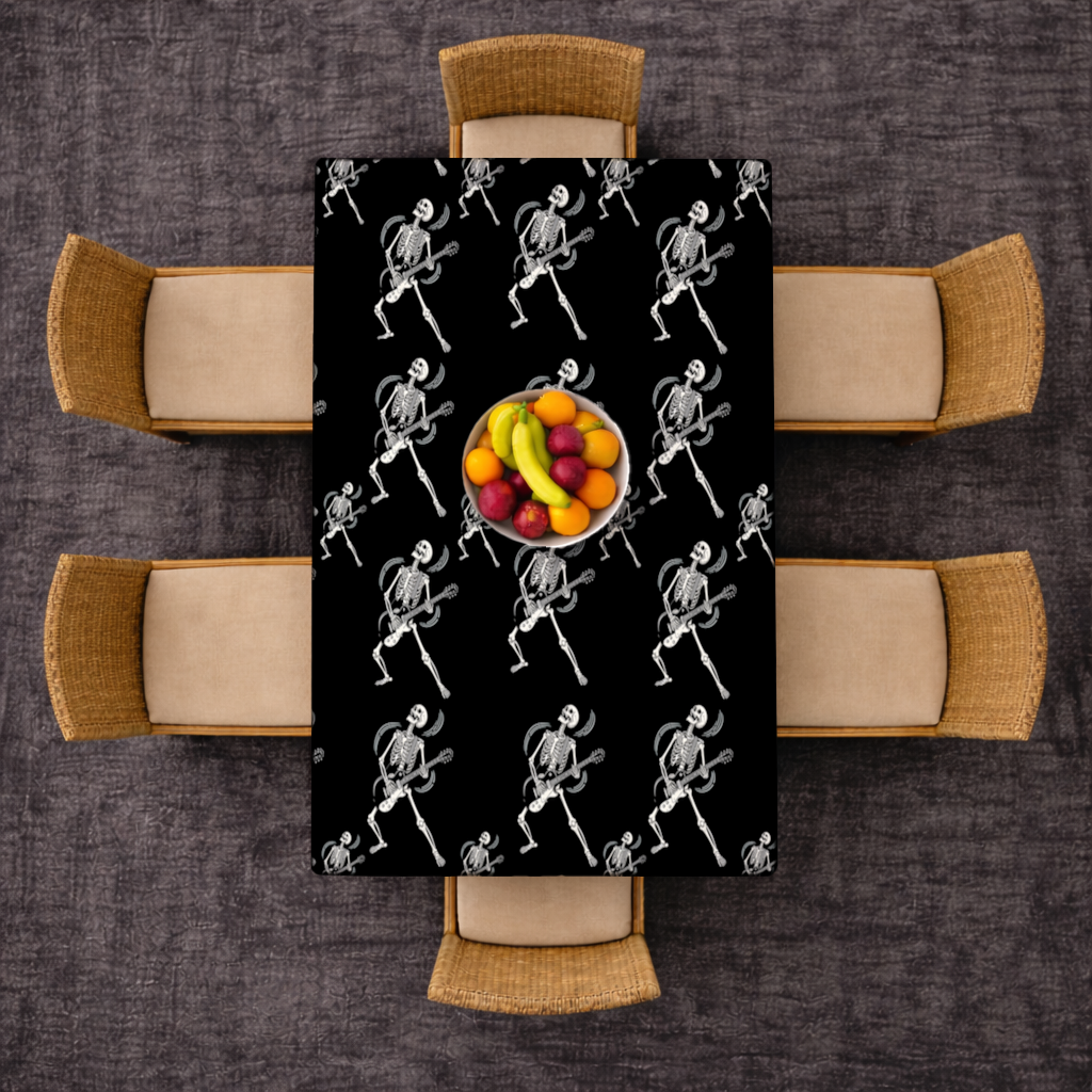 Rock Guitar Playing Skeleton Pattern on Black Rectangular Tablecloth