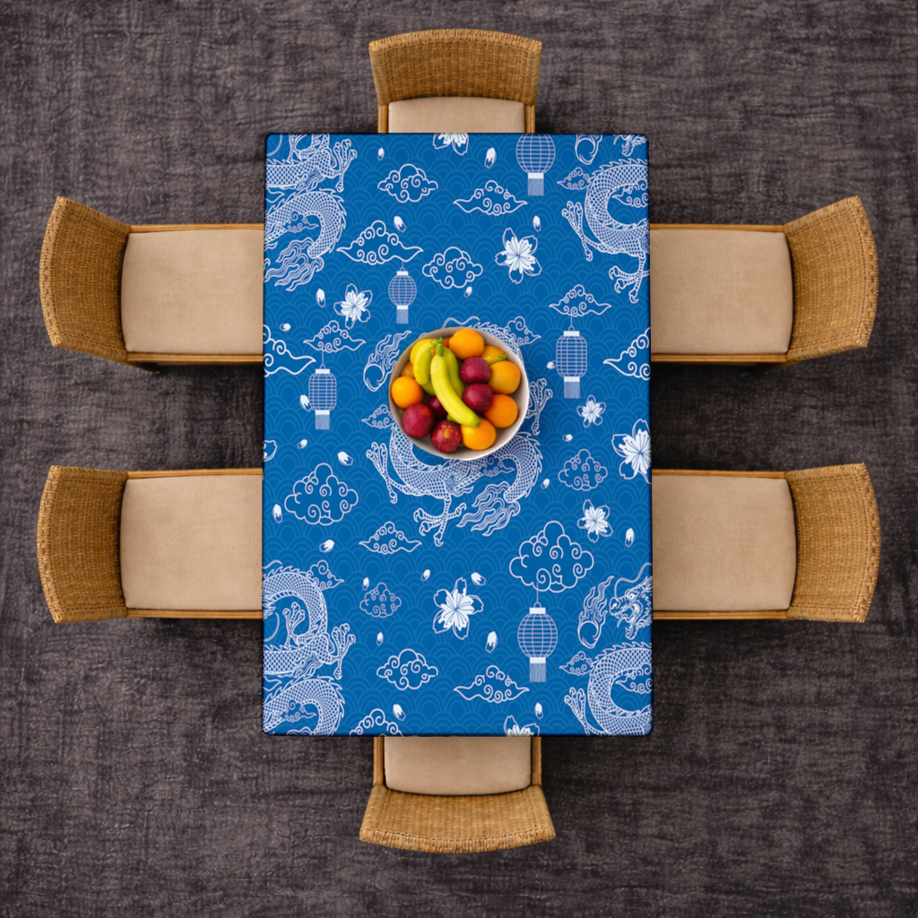Traditional Dragon Pattern on Blue Background Rectangular Tablecloth