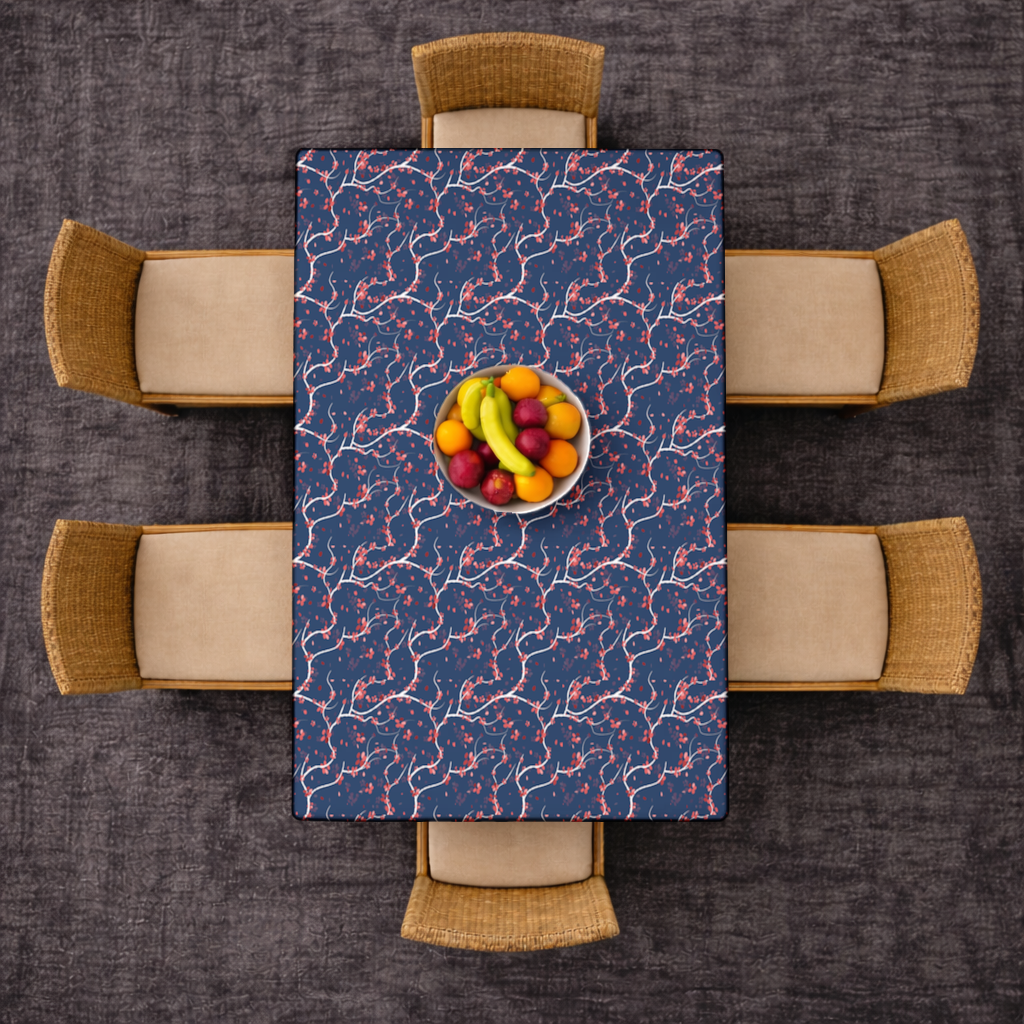 Red Floral Branch Pattern on Navy Background Rectangular Tablecloth