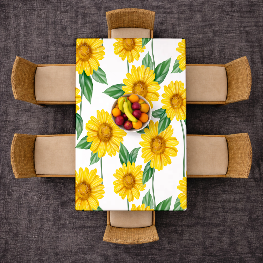 Vibrant Yellow Sunflower and Green Leaf Pattern Illustration Rectangular Tablecloth