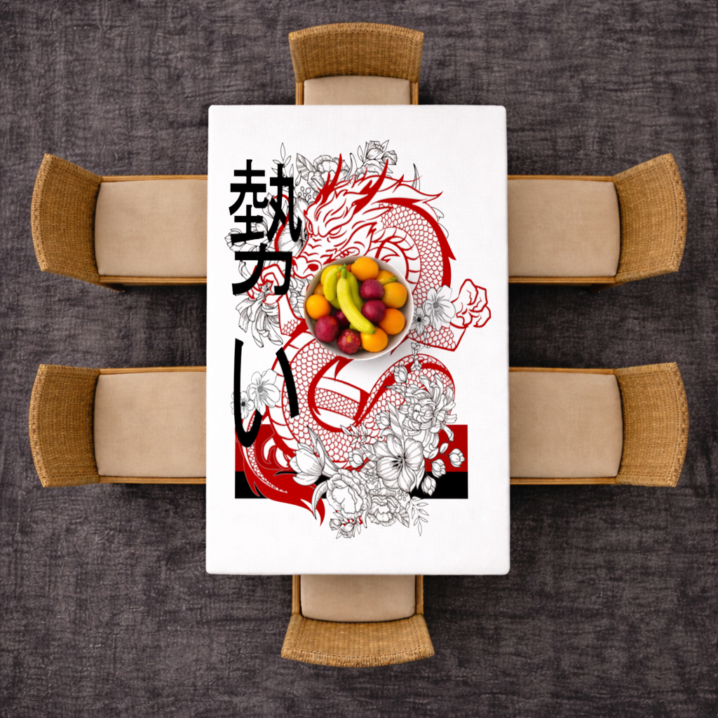 Japanese Dragon with Floral Design Rectangular Tablecloth