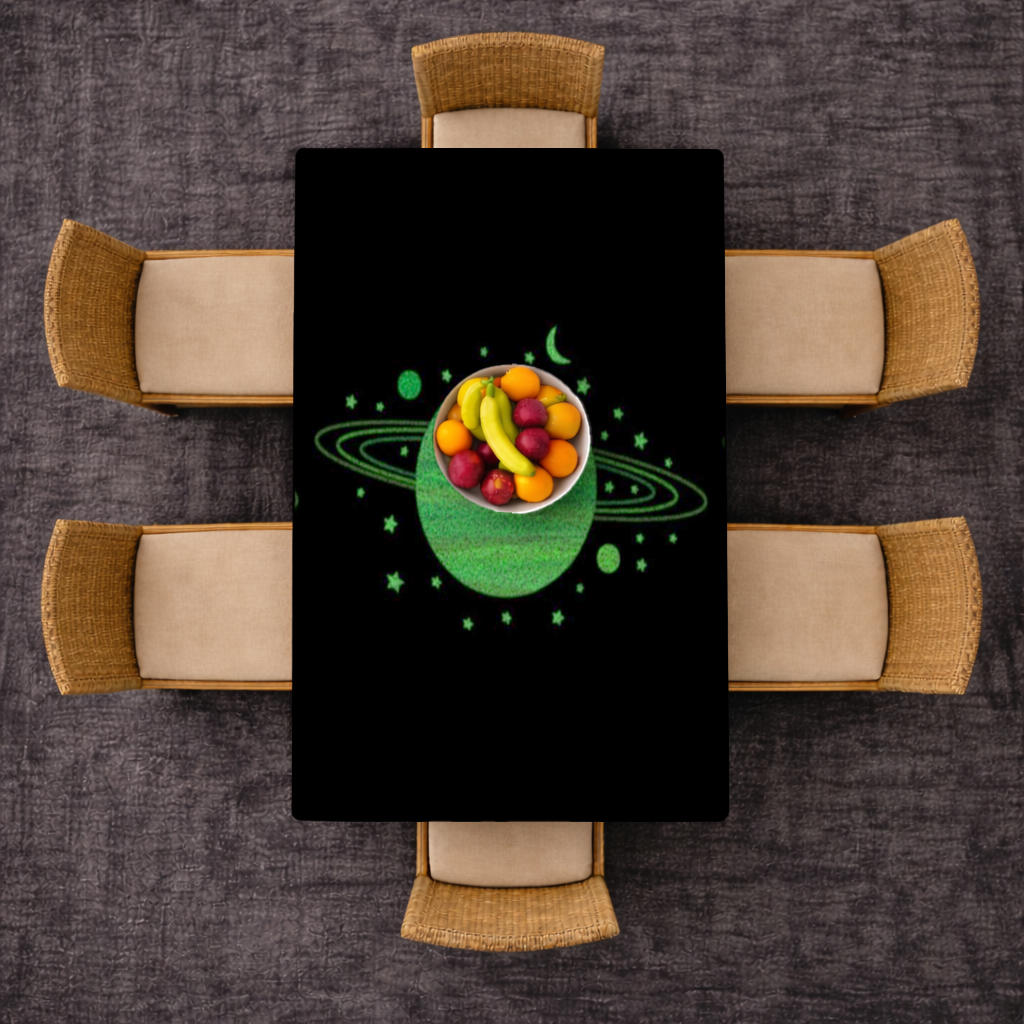 Green planets on a black background. Rectangular Tablecloth
