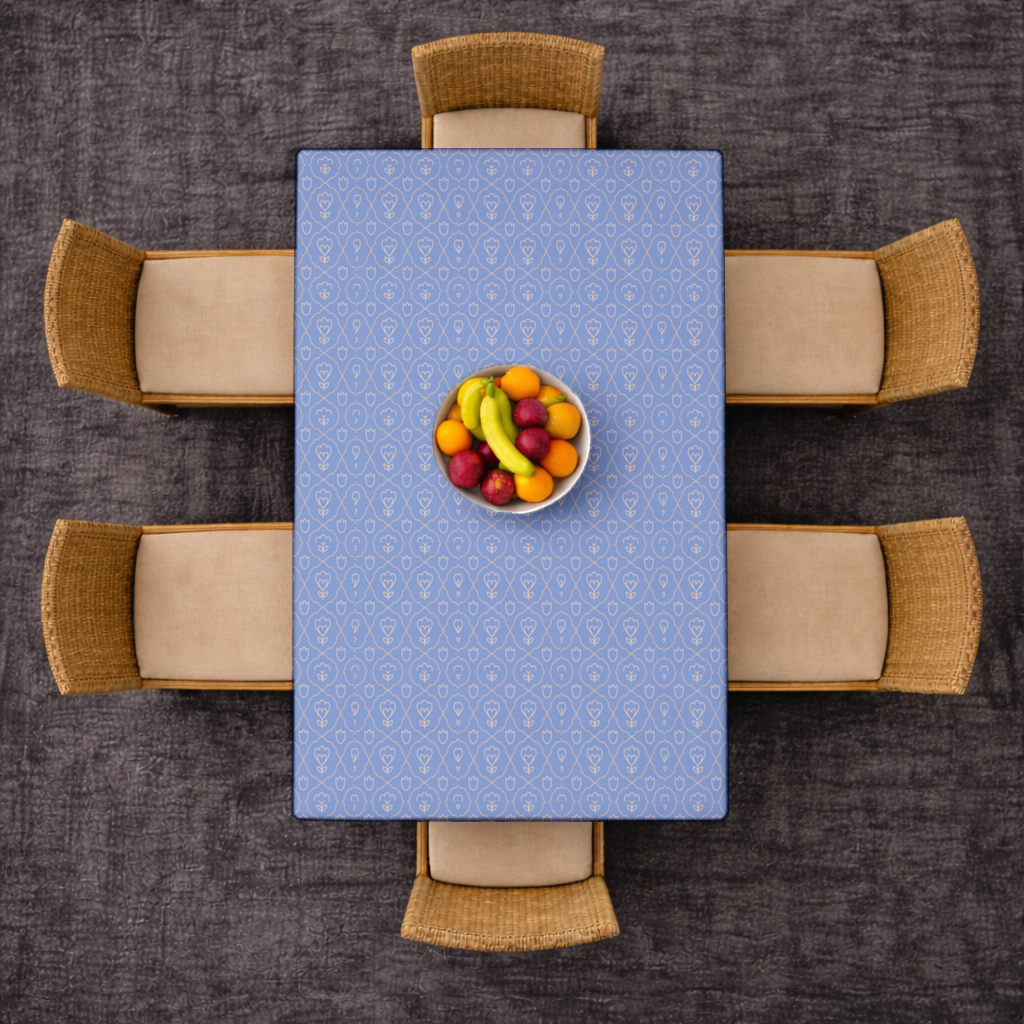Orange Linear Floral Pattern on Blue Rectangular Tablecloth