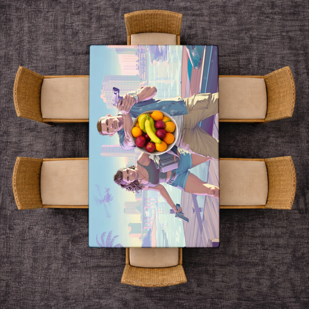 Vice City Showdown  Tropical Heist Duo Rectangular Tablecloth