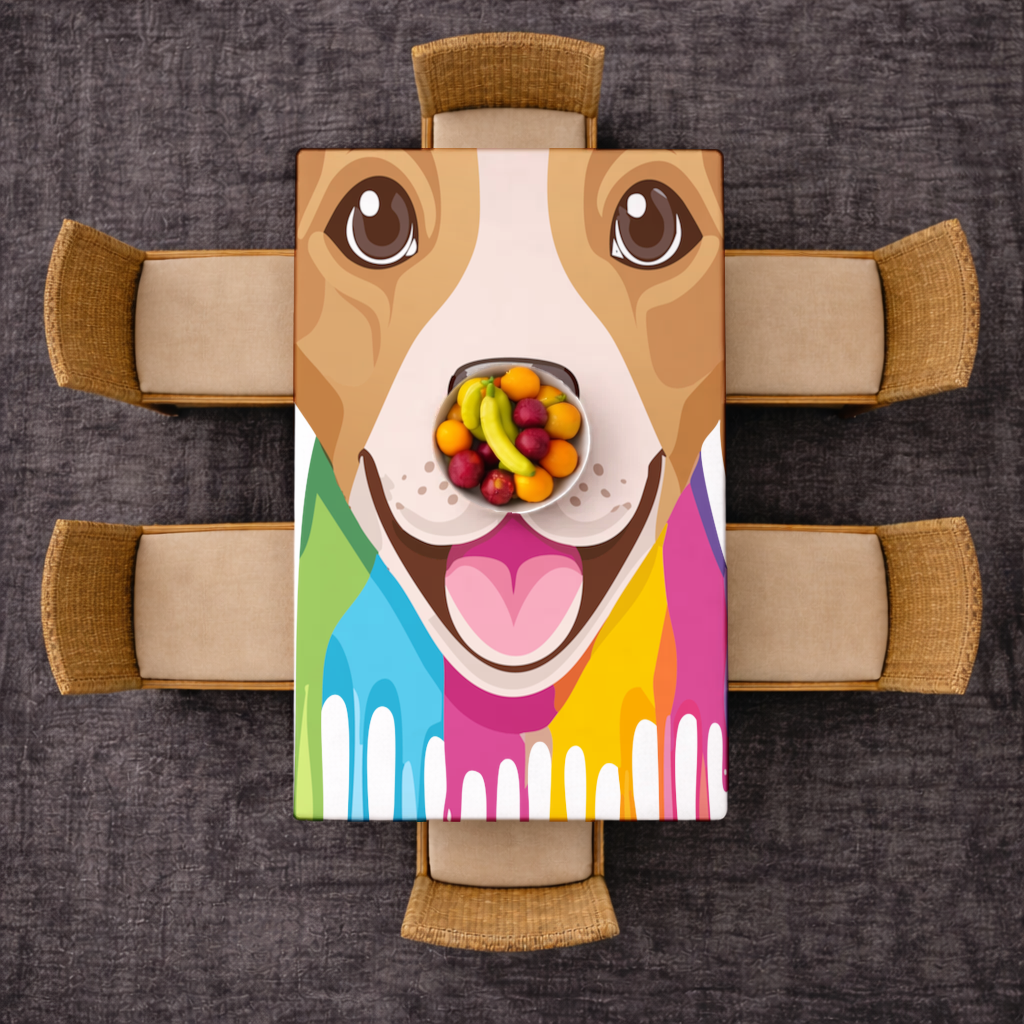 Happy Dog with Colorful Paint Drips Rectangular Tablecloth