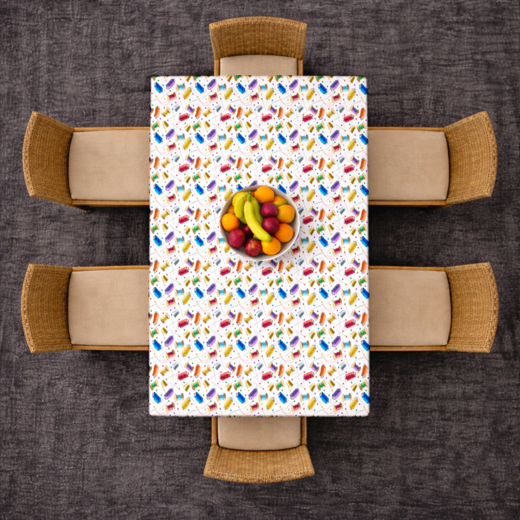Colorful Thread Spools and Sewing Tools Pattern Rectangular Tablecloth