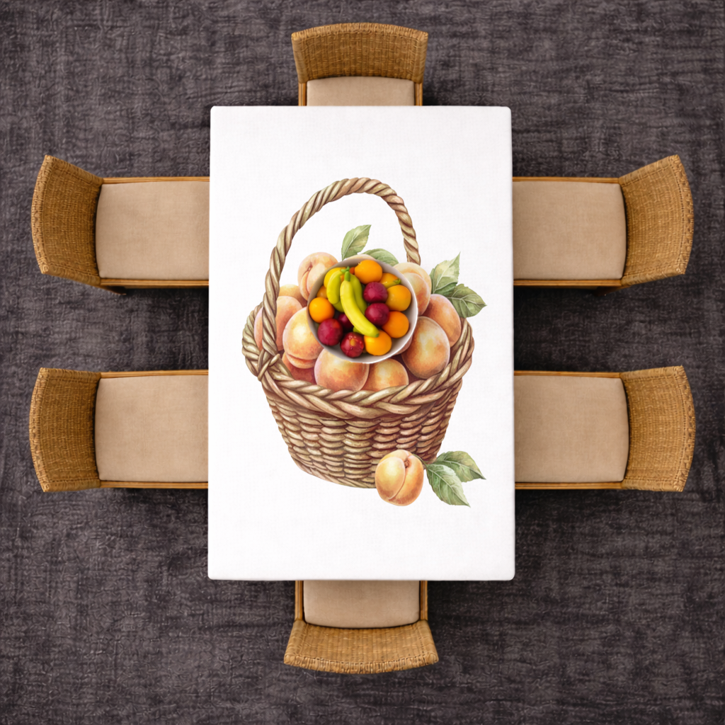 Fresh Peaches in Wicker Basket Rectangular Tablecloth