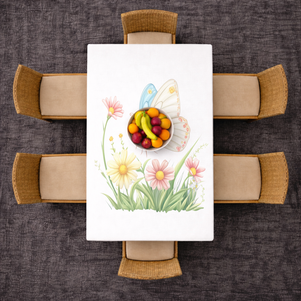 Pastel Kelebek ve Kır Çiçekleri Bahçesi Masa Örtüsü