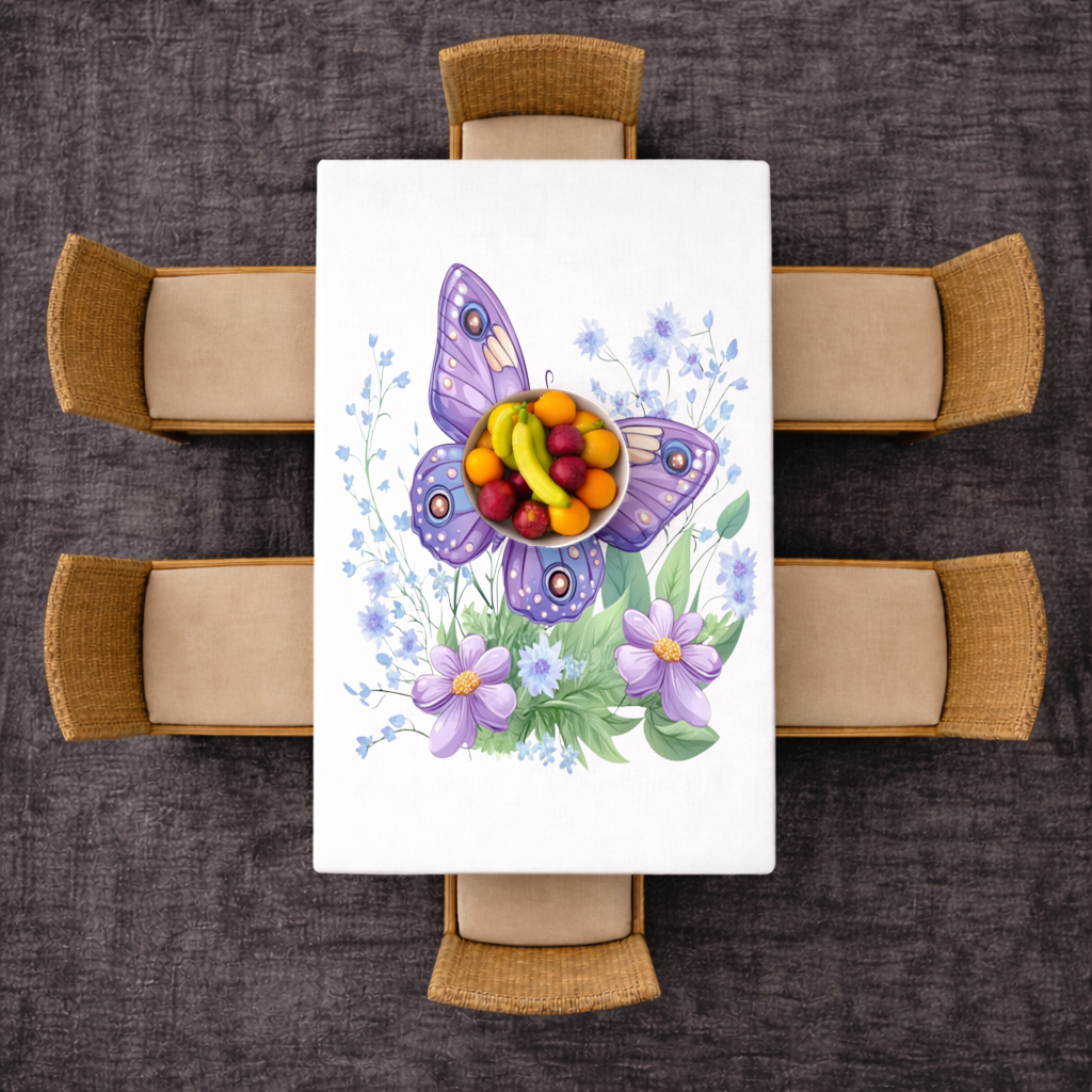 Mor Kelebek ve Mavi Kır Çiçekleri Masa Örtüsü