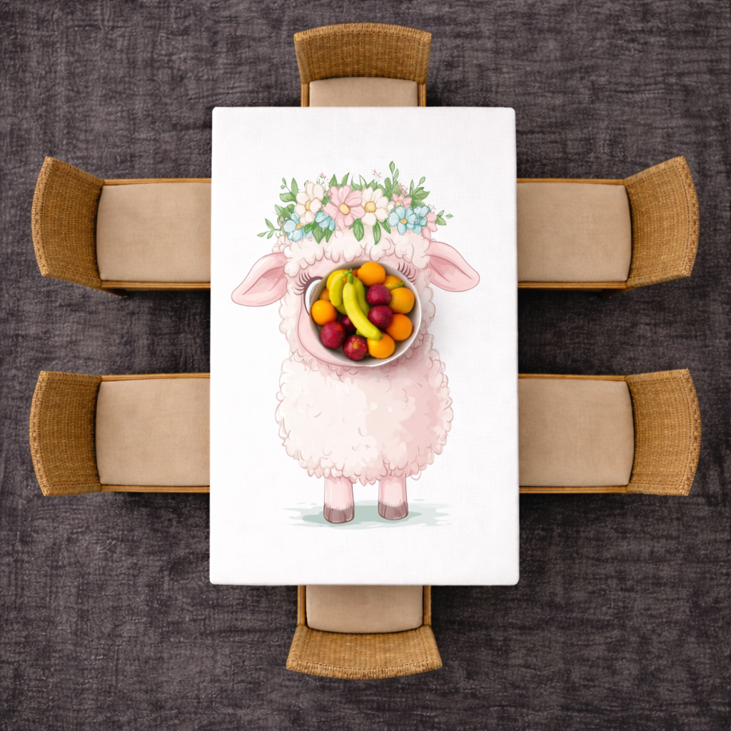 Kawaii Çiçek Taçlı Pembe Kuzu Masa Örtüsü