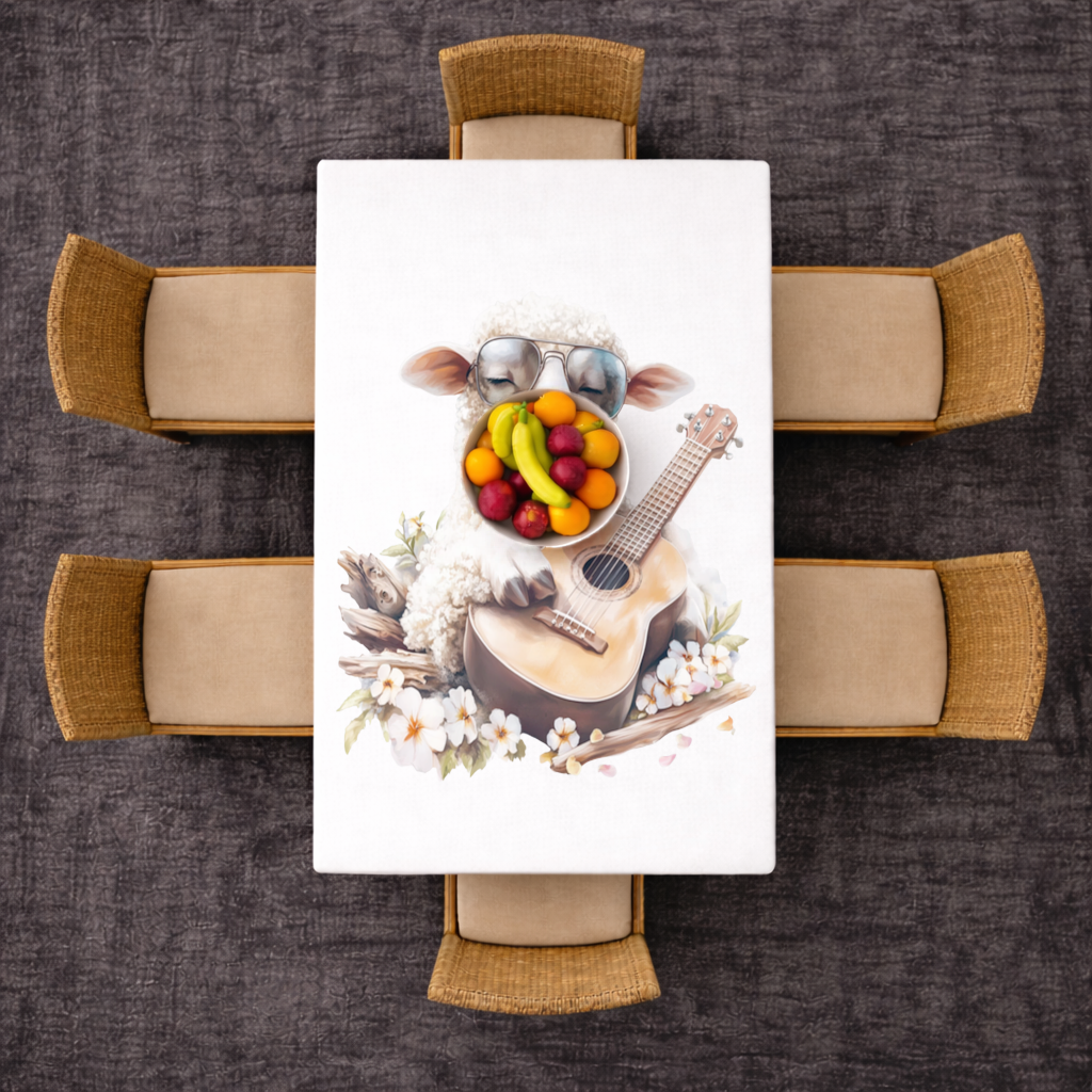 Cool Sheep Playing Ukulele with Flowers Rectangular Tablecloth