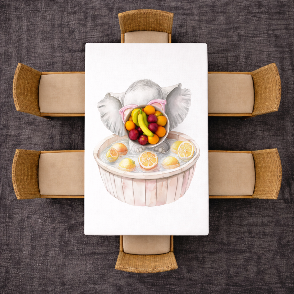 Pembe Gözlüklü Bebek Fil ve Narenciye Banyosu Masa Örtüsü