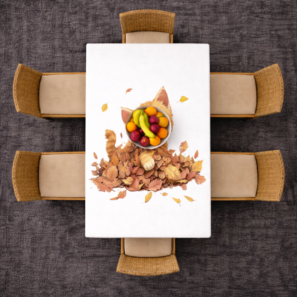 Sonbahar Yapraklarında Turuncu Yavru Kedi Masa Örtüsü