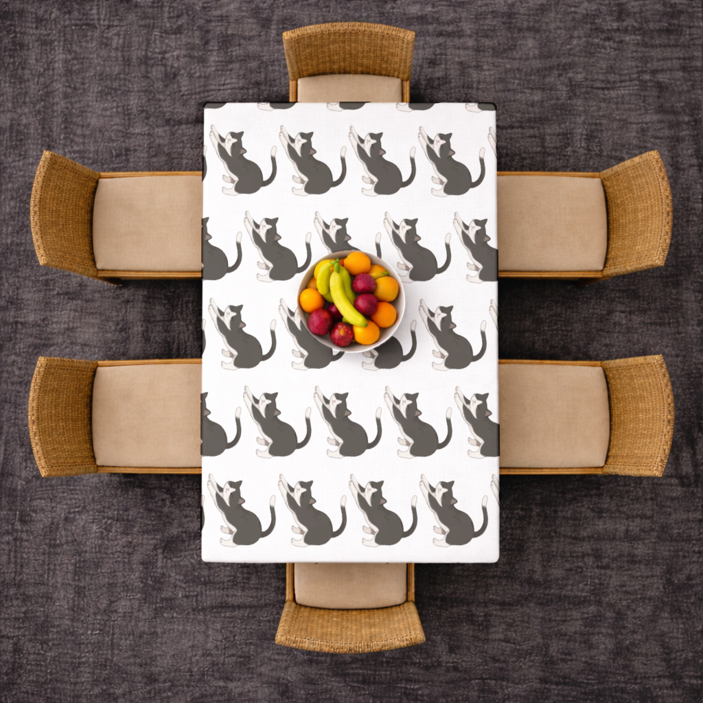 Stretching Tuxedo Cat Rectangular Tablecloth