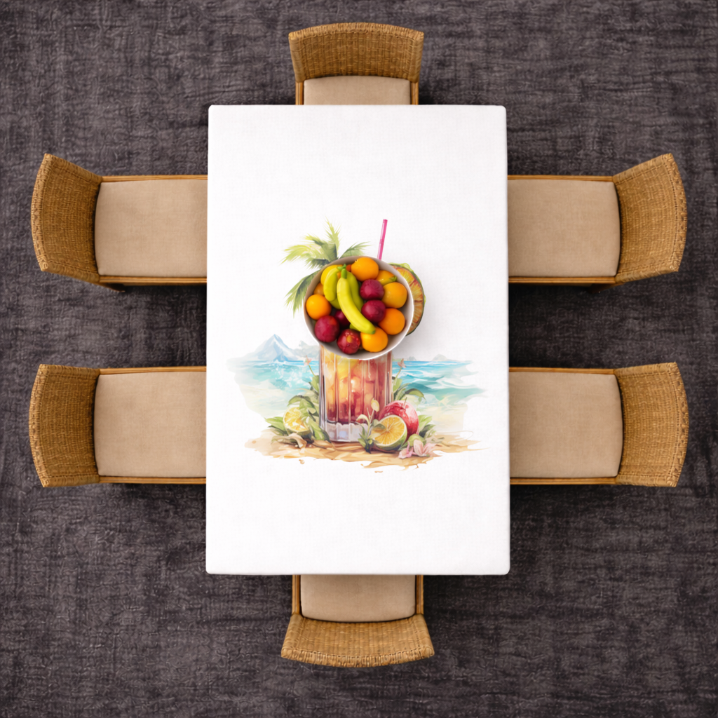 Egzotik Tropikal Sahilde Buzlu Meyveli İçecek Masa Örtüsü