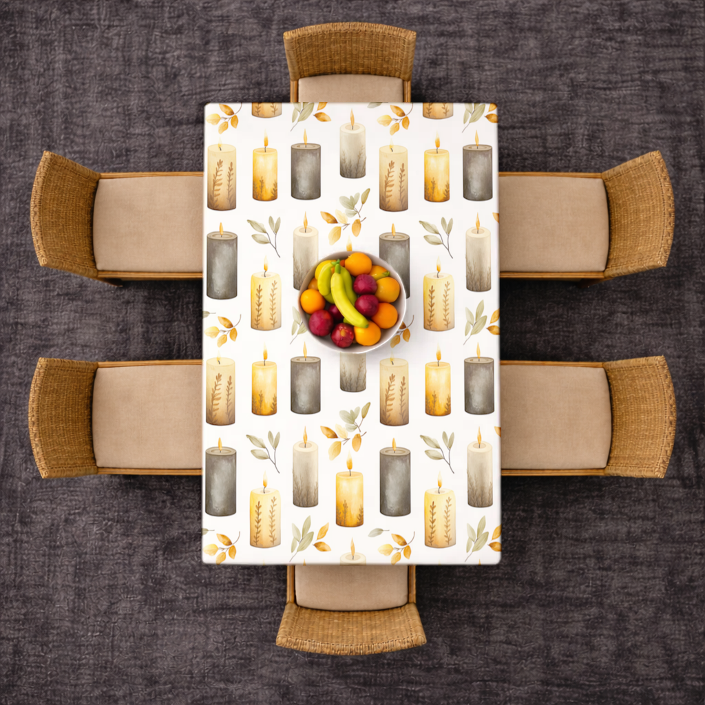 Warm Neutral Autumn Candles and Leaves Rectangular Tablecloth