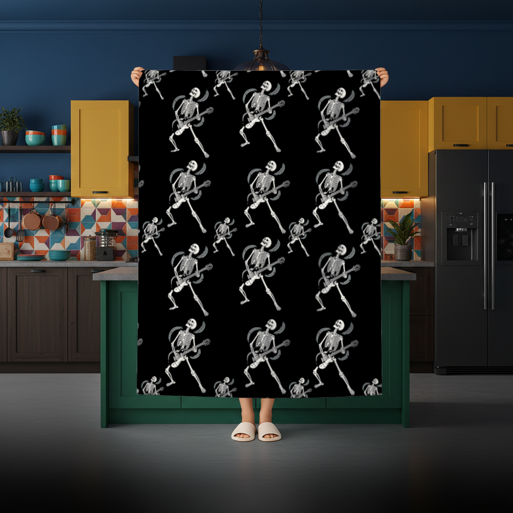 Rock Guitar Playing Skeleton Pattern on Black Rectangular Tablecloth