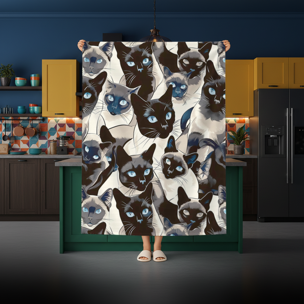 Mavi Gözlü Siyam Kedisi Desenli Şık İllüstrasyon Masa Örtüsü