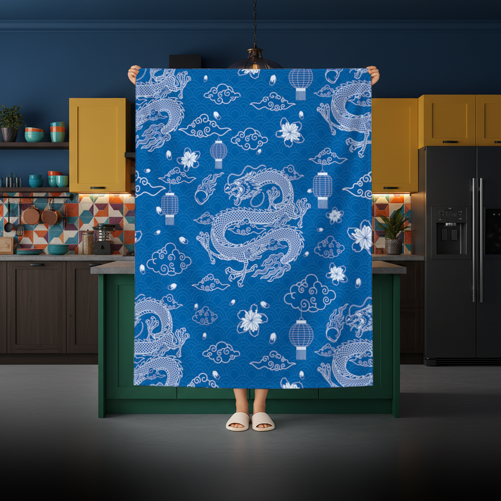 Traditional Dragon Pattern on Blue Background Rectangular Tablecloth