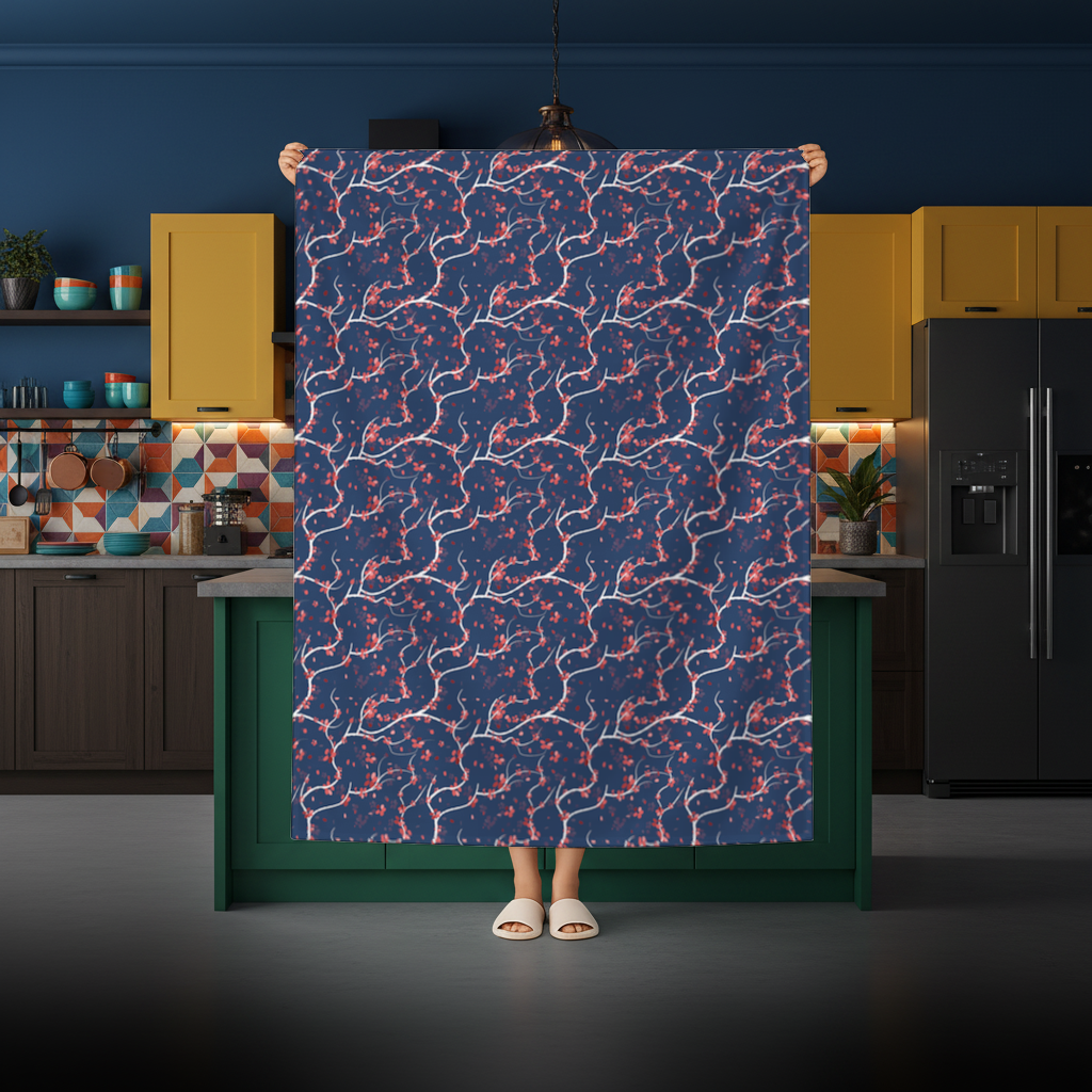 Red Floral Branch Pattern on Navy Background Rectangular Tablecloth