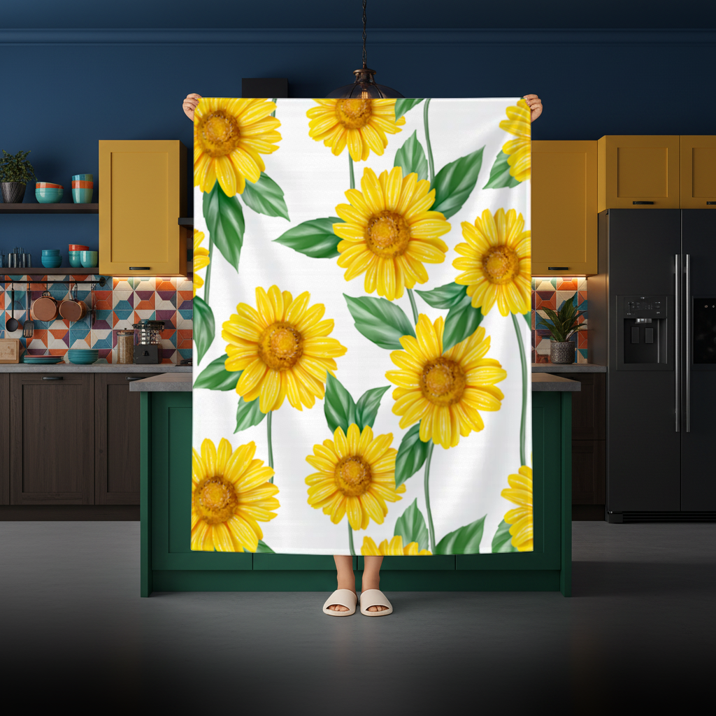 Vibrant Yellow Sunflower and Green Leaf Pattern Illustration Rectangular Tablecloth