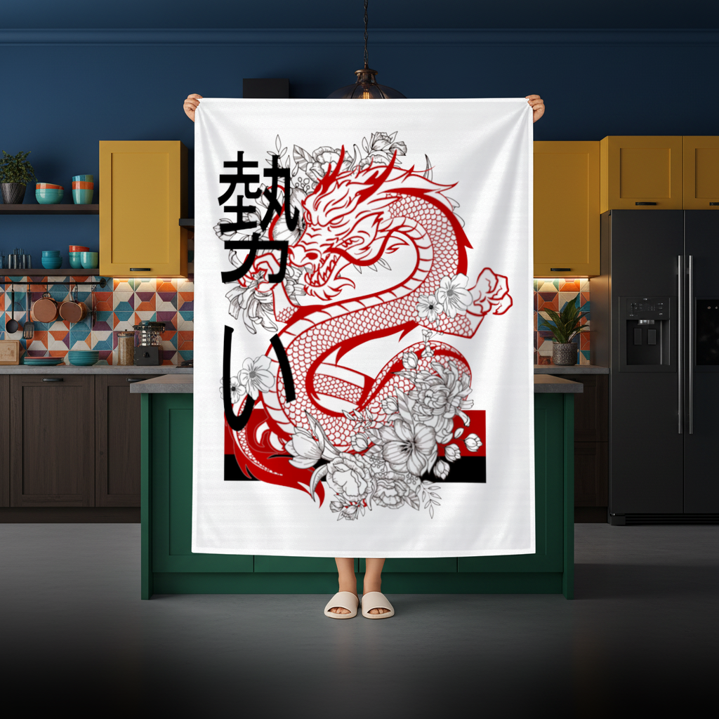 Japanese Dragon with Floral Design Rectangular Tablecloth