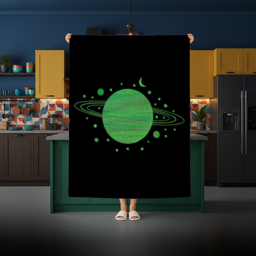 Green planets on a black background. Rectangular Tablecloth