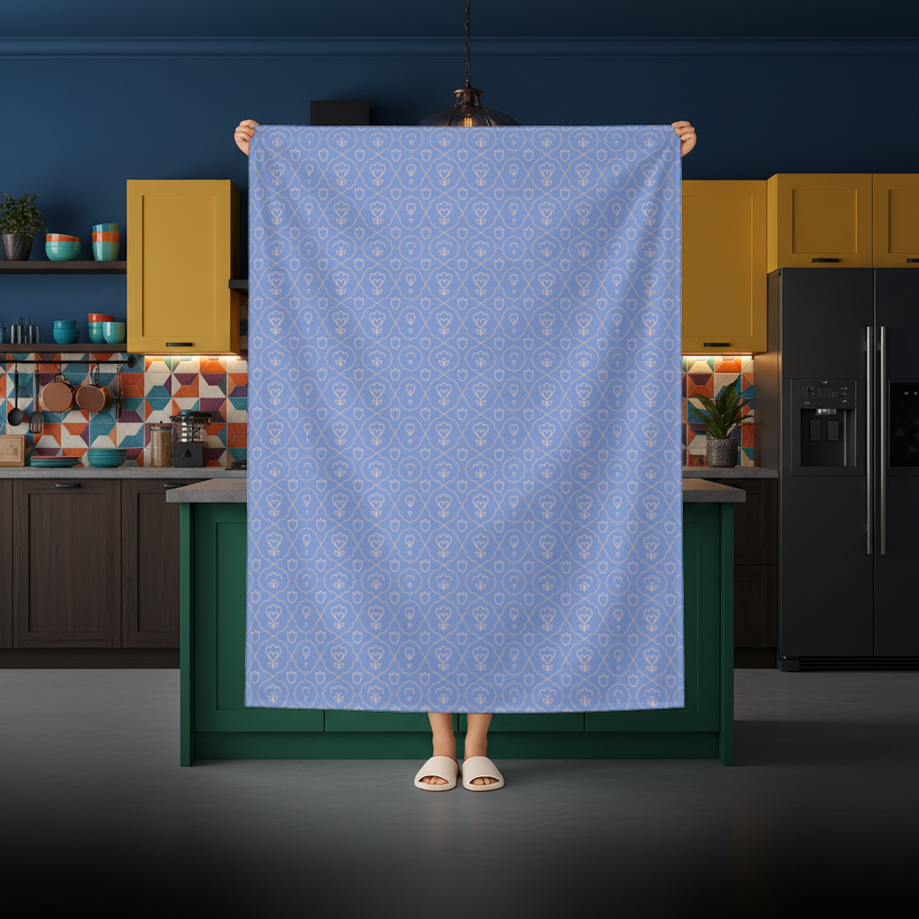 Orange Linear Floral Pattern on Blue Rectangular Tablecloth