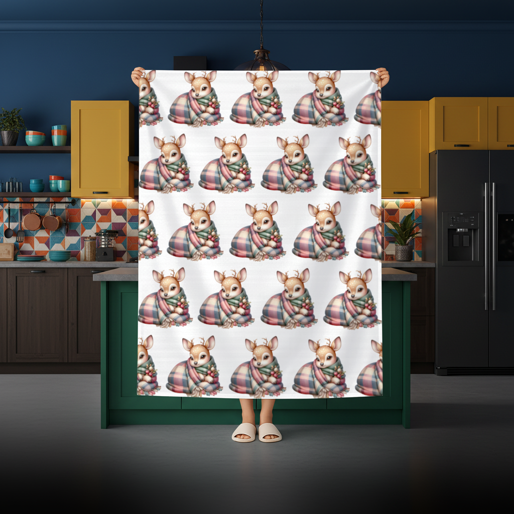 Kawaii Baby Deer with Plaid Scarf Rectangular Tablecloth