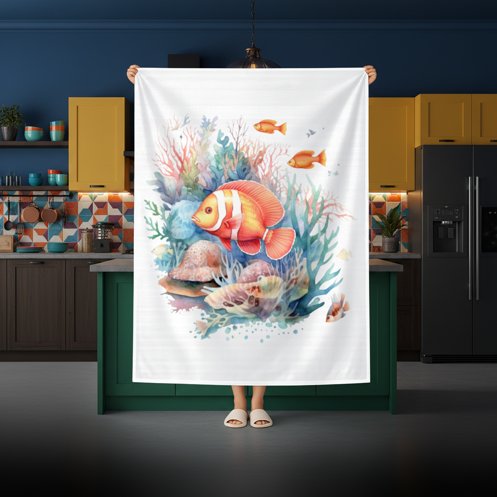 Watercolor Clownfish and Tropical Coral Reef Rectangular Tablecloth
