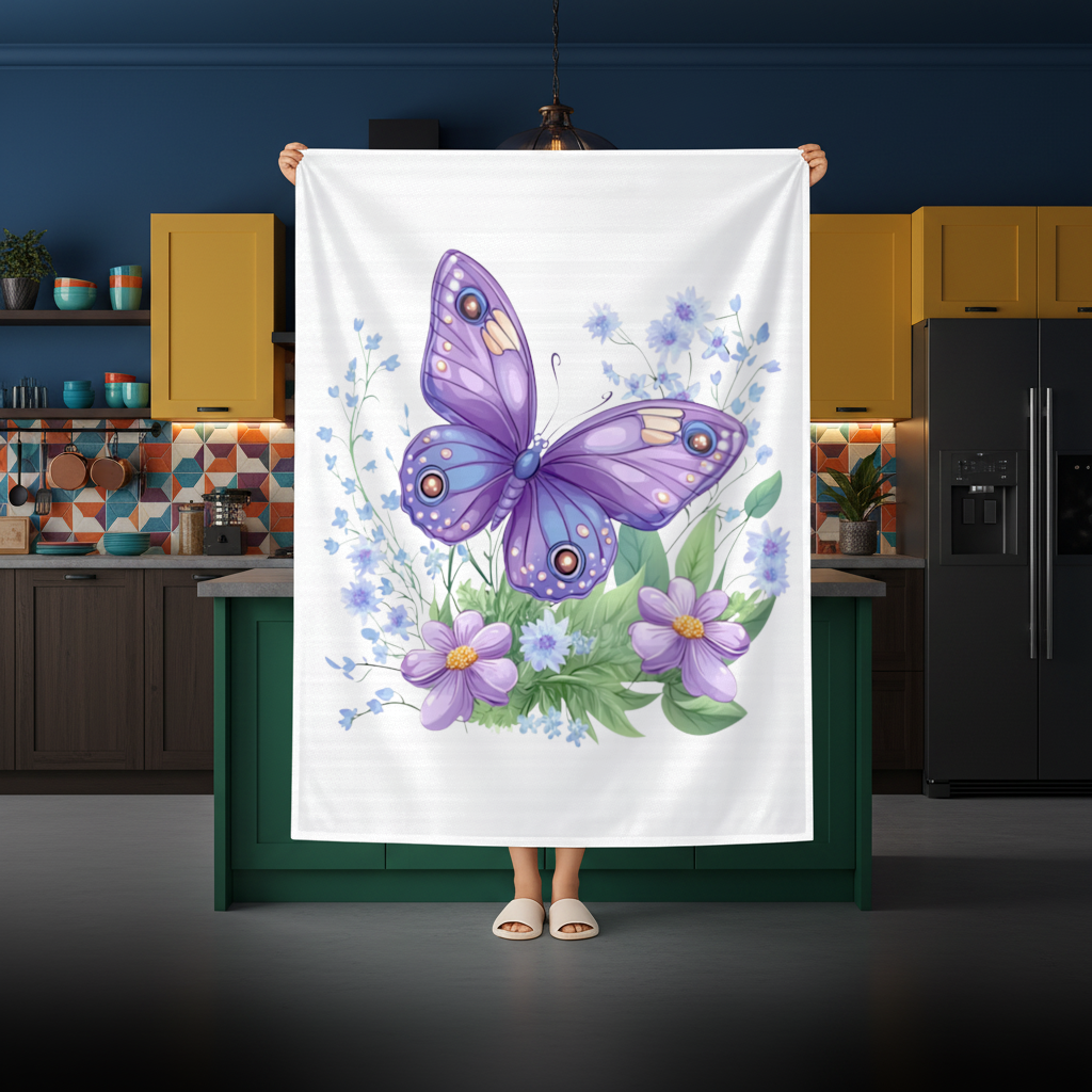 Mor Kelebek ve Mavi Kır Çiçekleri Masa Örtüsü