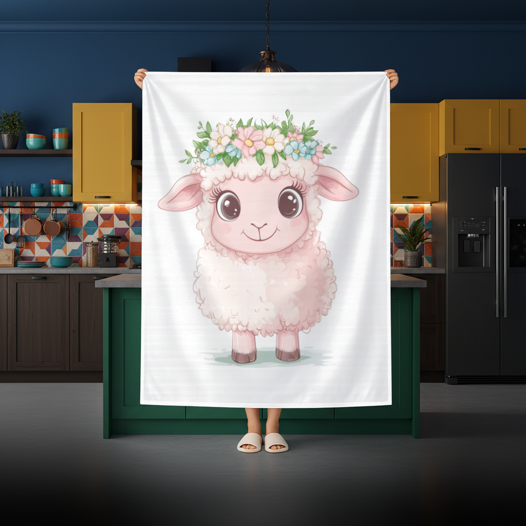 Kawaii Çiçek Taçlı Pembe Kuzu Masa Örtüsü