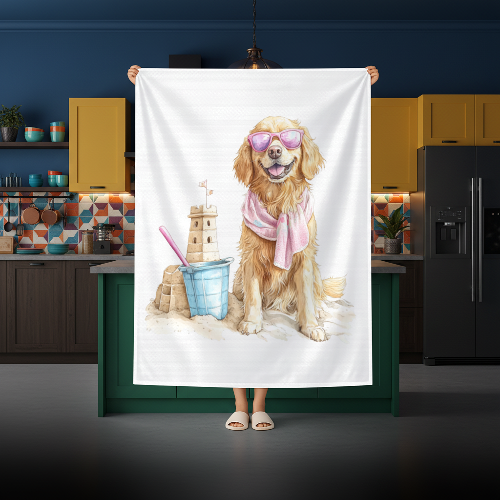 Plajda Pembe Gözlüklü Golden Retriever Masa Örtüsü