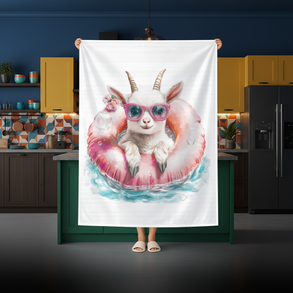 Baby Goat in Pink Pool Ring Rectangular Tablecloth