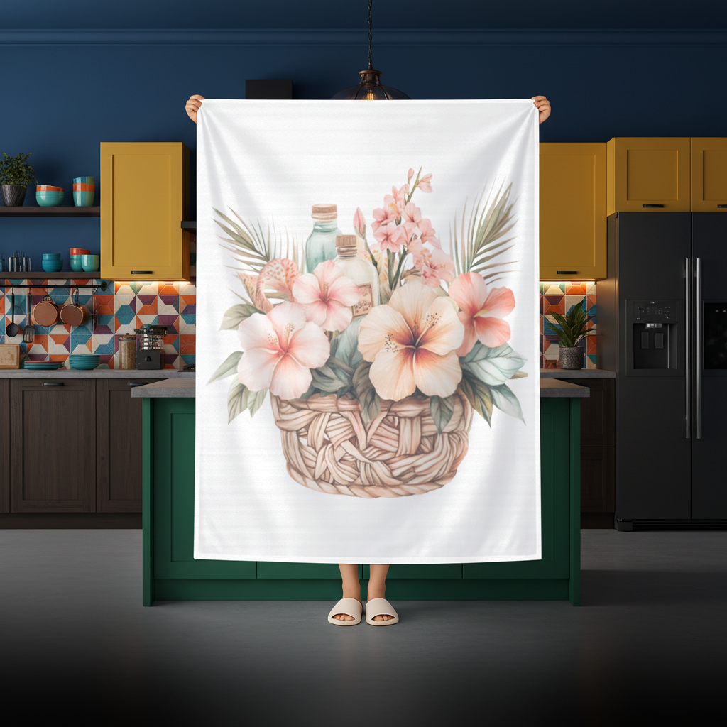 Tropikal Hibiskus Çiçekli Hasır Sepet Masa Örtüsü