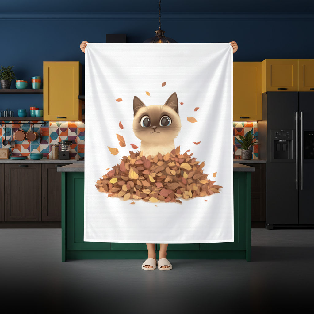 Siamese Cat in Autumn Leaf Pile Rectangular Tablecloth