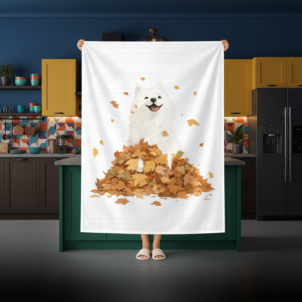 Happy White Dog in Autumn Leaves Rectangular Tablecloth