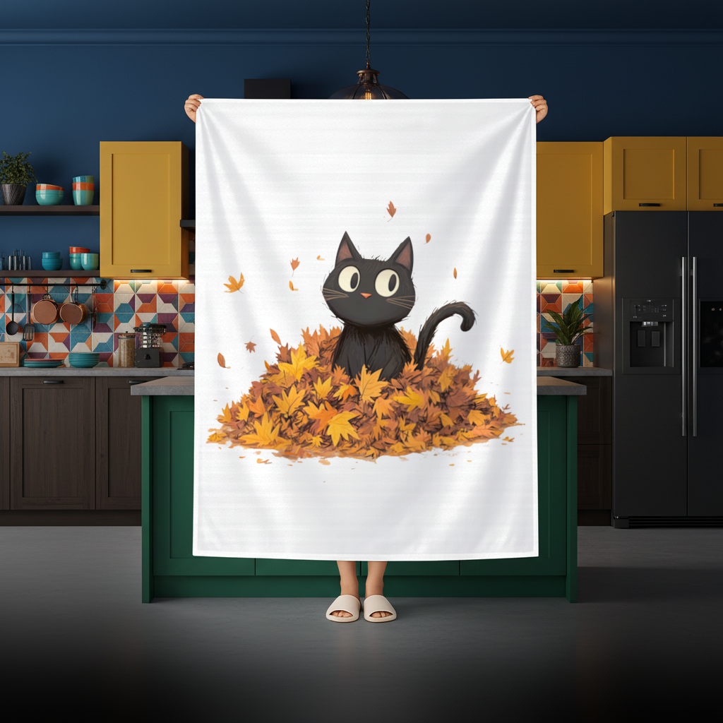 Sonbahar Yapraklarında Sevimli Siyah Kedi Masa Örtüsü