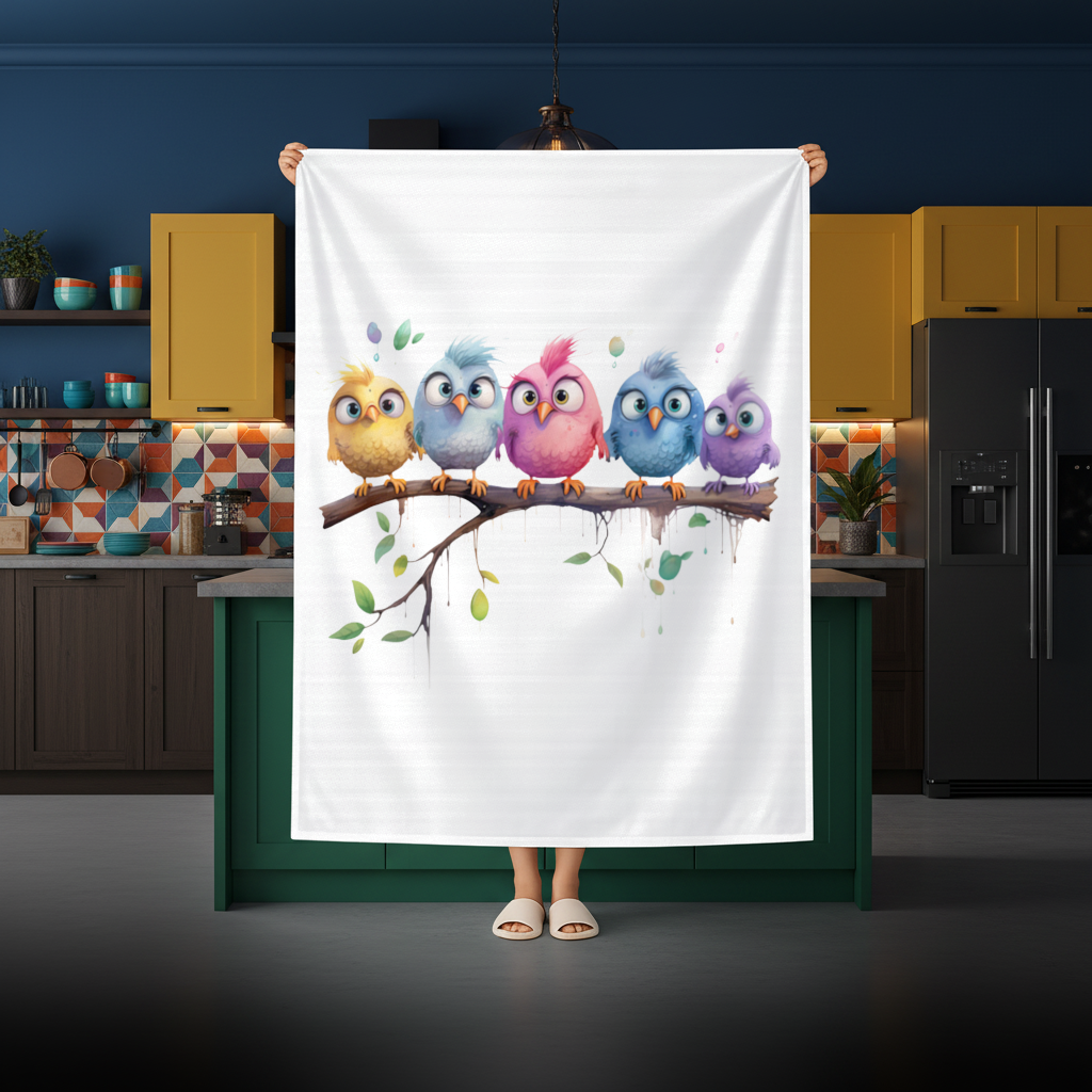Five Colorful Kawaii Birds on Branch Rectangular Tablecloth