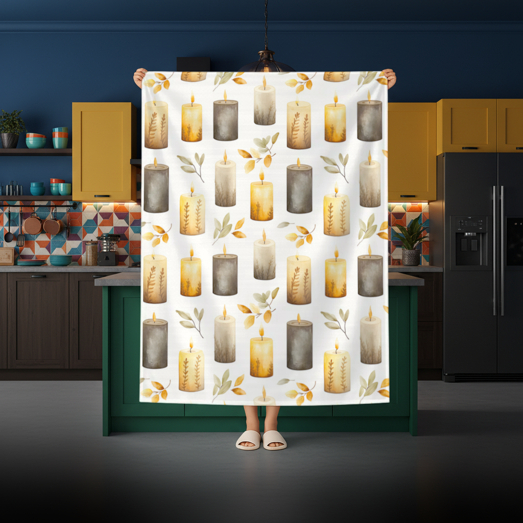 Warm Neutral Autumn Candles and Leaves Rectangular Tablecloth