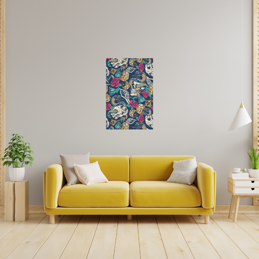 Skull Snake Dice and Roses Pattern Wall Tapestry