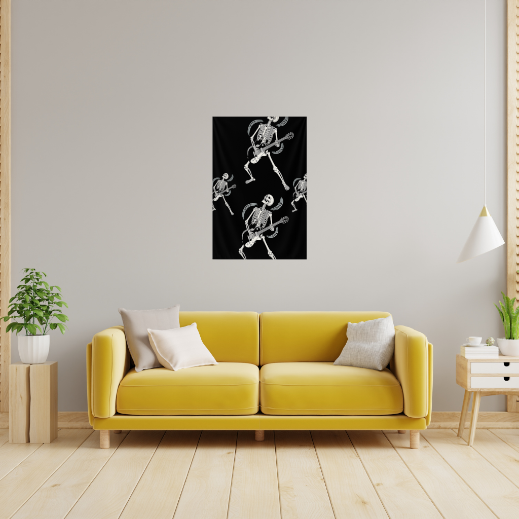 Rock Guitar Playing Skeleton Pattern on Black Wall Tapestry