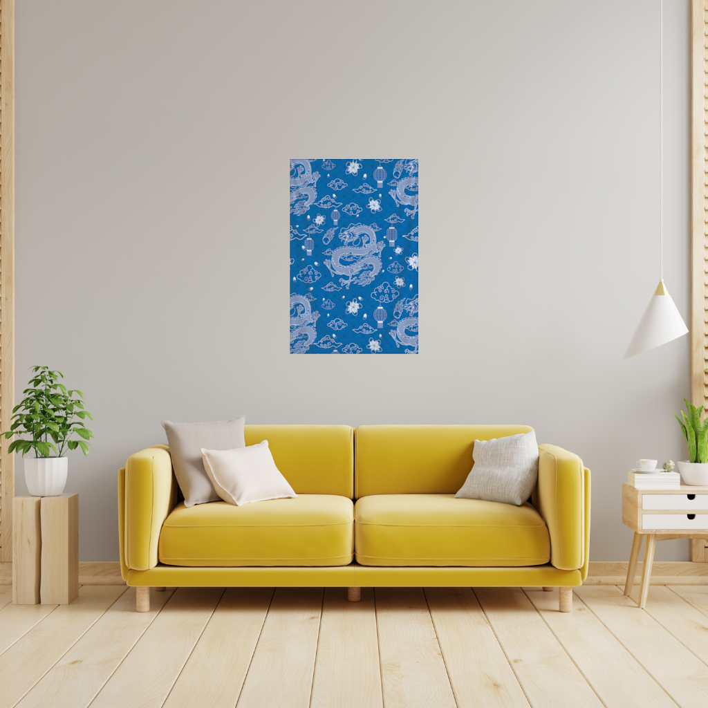 Traditional Dragon Pattern on Blue Background Wall Tapestry