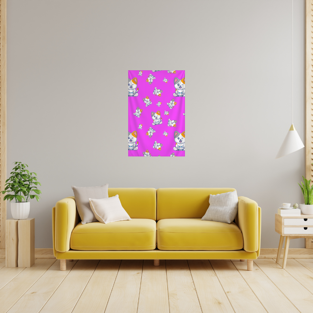 Cute Cartoon Cat Pattern on Pink Background Wall Tapestry